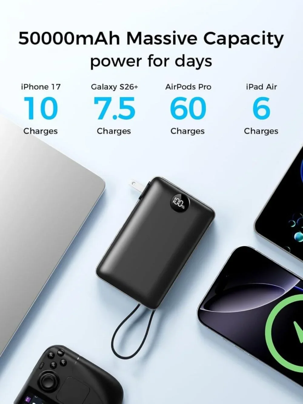 High-Capacity 50000mAh Portable Charger Power Bank with Wall Plug - Black